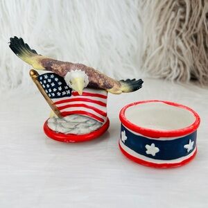 Vintage American Flag Bald Eagle Ceramic Trinket Box